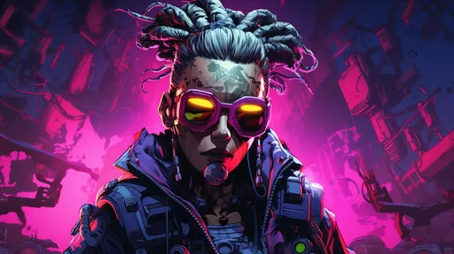 Prompt: Create a detailed illustration of a cyberpunk character with a dynamic pose. The character should have bright purple spiky hair and glowing yellow eyes. They are wearing goggles on their head, with one lens reflecting a neon sign. The character's attire includes a black tank top with a skull graphic, heavy chains around the neck, and various cybernetic enhancements such as metallic arm plates and ear piercings. Tattoos should be visible on their arms, featuring futuristic designs. Their expression is confident and a bit mischievous, with a small lightning bolt scar on one cheek. In the background, use a vibrant pink hue with splashes of black ink to give an energetic, rebellious vibe.