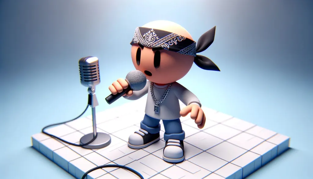 Prompt: 3D render of a cartoon man wearing a bandana, holding a microphone. The scene looks like a screenshot, designed with PS1 graphics quality. The perspective is intentionally distorted, and elements have a blurred, crystalcore aesthetic, giving the image a congruent and unique feel.