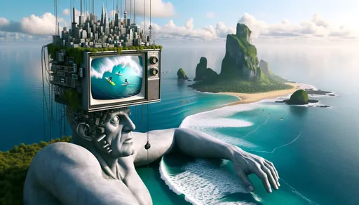 Prompt: Photo-realistic render of a fantastical vista where a titanic human entity lies languidly by a serene waterfront. Its head is intriguingly replaced by a retro television, from which a small cityscape ascends, ensnared in myriad wires and transmitters. The screen vividly captures two surfers in their element, and a pair of headphones dangle off the side.