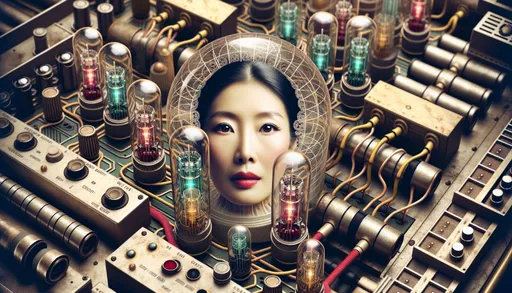 Prompt: Digital art capturing a scene from the 70s where an Asian woman's face is juxtaposed with intertwining vacuum tubes and retro machinery. Her organic beauty contrasts with the technology, emphasizing her place in this bygone techno-era.