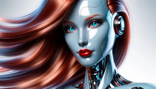 Prompt: The image showcases a futuristic android with human-like features. She has a shiny metallic body with cool blue tones, contrasted by a cascade of vibrant auburn hair. The android's face, partially concealed by a visor, possesses serene blue eyes and red lips, capturing an enigmatic expression.
