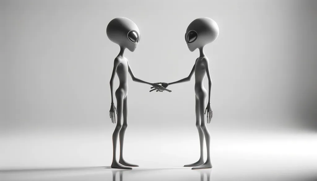 Prompt: An artistic 3D render showcasing two minimalist alien figures with large eyes and slender forms in grayscale, engaging in a mutual handshake against a stark background, standing on individual pedestiles.