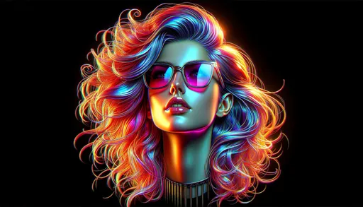 Prompt: Digital rendering of a woman's head, exhibiting a shiny computer graphics finish. Her hair bursts with a myriad of colors, and she wears chic glasses. The style is reminiscent of neon realism, with elements that harken back to golden age aesthetics. The image is detailed to a UHD quality, making every feature pop.