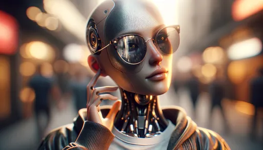 Prompt: Create an image that captures the aesthetic of a raw, unedited photograph of a female android, blending organic and futuristic elements. The android should have a subtly textured skin that mimics both human-like qualities and metallic features, and is wearing fashionable sunglasses with a soft reflection. The pose is casual and thoughtful, evoking a sense of spontaneity. The background is an urban setting with soft-focused elements, creating a bokeh effect. The lighting is akin to the golden hour, with warm tones highlighting her features and casting gentle shadows, giving the photograph an overall moody and aesthetic feel with rich colors.