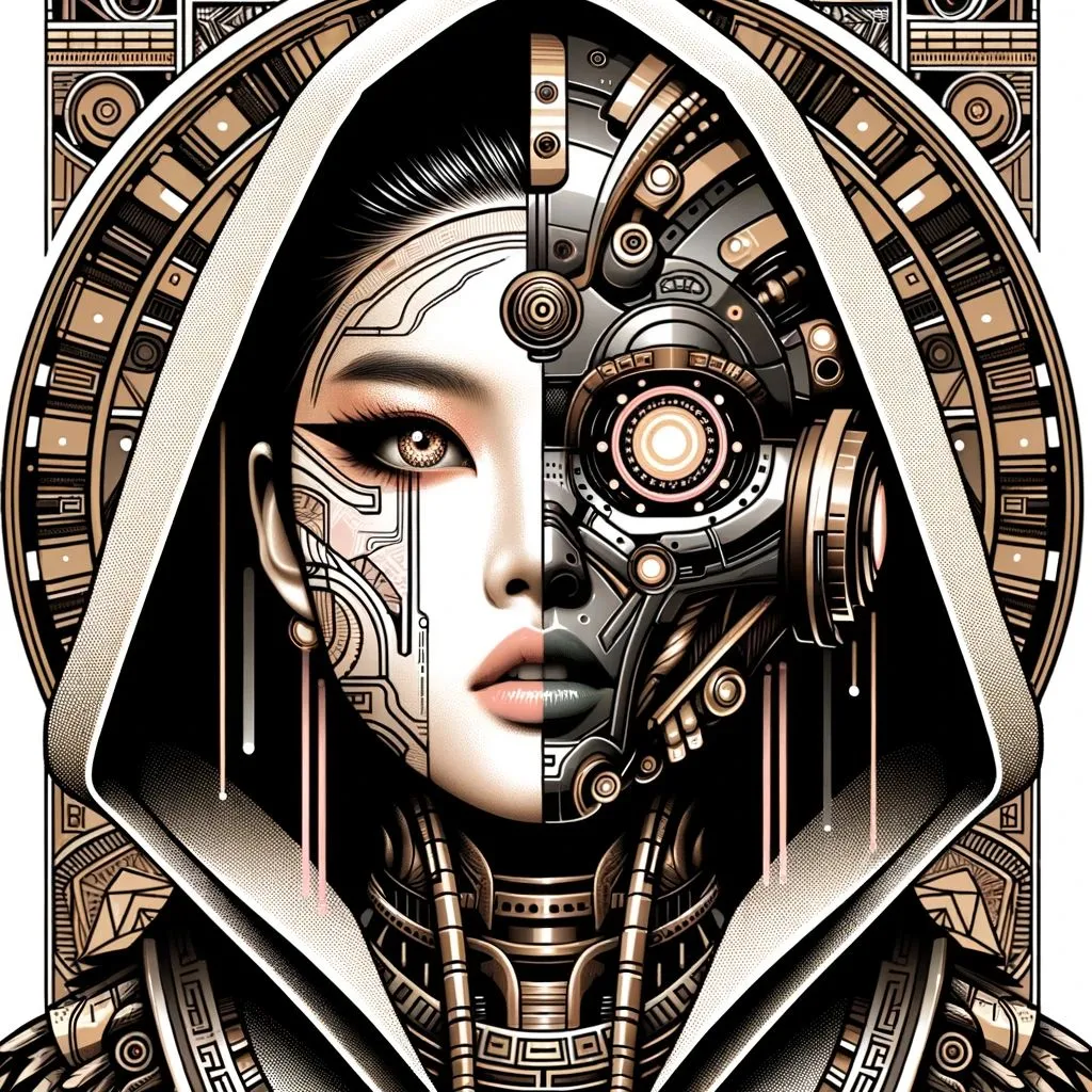 Prompt: Illustration capturing the essence of a jinxian girl, her face highlighted with futuristic makeup and a robotic headgear. The backdrop and her attire feature Aztec art influences, and the color palette is a blend of light bronze and dark black, aiming for realism.