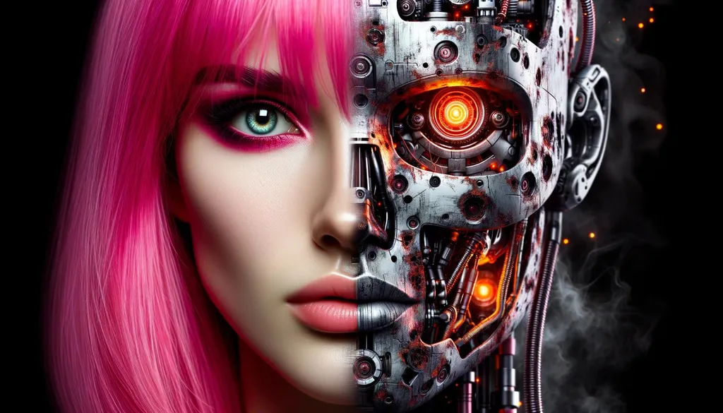 Prompt: The image depicts a close-up of a woman with striking pink hair juxtaposed against a cybernetic face with detailed, worn machinery. The woman's eyes are intense, and the robotic face bears lifelike features with orange glows emanating from its cracks.