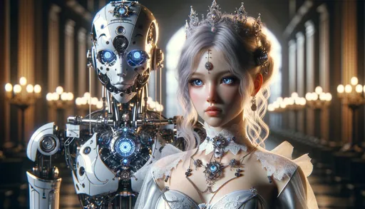 Prompt: The image portrays a lifelike android girl with piercing blue eyes, dressed in a futuristic white armor suit adorned with intricate jewelry and a delicate crown. Beside her stands a complex, mechanical robot with glowing elements. They are set against a backdrop of a grand, dimly-lit hall with glowing candles. in wide ratio