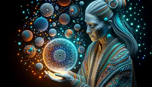 Prompt: 3D render of a tranquil woman, with her hair and outfit blending seamlessly into an entrancing array of geometric orbs and designs. These patterns shine brightly in shades of blue, orange, and teal. Luminescent globes hover around her, and she gently cradles one, revealing its detailed allure. Luminous dots embellish her face, reflecting the design of the orbs.