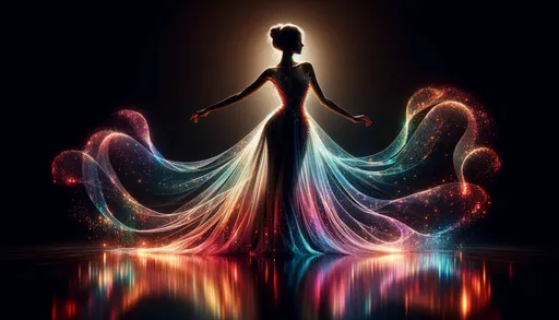 Prompt: Create an image of a graceful woman with an ethereal, flowing dress that cascades around her like a river of multicolored light. Her silhouette should be elegant and poised, with the dress extending from her arms and body in sweeping arcs that mimic the movement of a gentle wave. The background is pitch black, enhancing the luminosity of the dress's colors, which should be a vibrant spectrum ranging from warm reds to cool blues, dotted with subtle glimmers that suggest a starry night. The light should create a reflective surface below her, suggesting she is standing on a glossy floor that mirrors the kaleidoscope of colors in her gown.