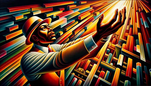 Prompt: a painting of a man holding up something in his hand, in the style of harlem renaissance, ndebele art, dramatic lighting, vibrant figuration, depictions of labor, olympus om-1 in wide ratio