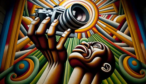 Prompt: Wide portrayal of a man, holding an object aloft, captured in the artistic styles of the Harlem Renaissance and Ndebele art. The dramatic play of light and shadow brings out the vibrant figuration, and the essence of labor is palpable. An Olympus OM-1 camera subtly integrates into the narrative.