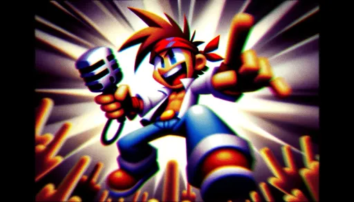 Prompt: Screenshot-like artwork of a cartoon man in a bandana, energetically holding a microphone. The image carries the nostalgic feel of PS1 graphics, with a purposefully skewed viewpoint. The blend of blurred elements and crystalcore influences results in a congruent and standout visual.