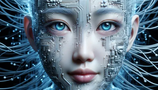 Prompt: Digital render of a face with Asian features intertwined with detailed circuitry. The realistic eyes glimmer, contrasting with the surrounding cybernetic landscape in cool blue tones, depicting a union of biology and electronics.
