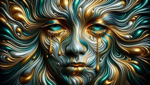 Prompt: A striking face emerges from a fusion of metallic gold and vibrant teal. Swirling patterns flow around the visage, mirroring the face's contours and accentuating piercing blue eyes that seem to harbor countless stories. The molten-like gold drips from the eyes, evoking tears of a timeless being.