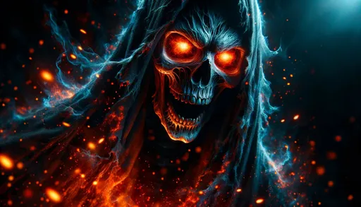 Prompt: Wide image capturing a sinister entity emerging from the abyss. The figure's skeletal visage glows with intense, fiery orange eyes. It's cloaked in dark blue-black drapes, and vibrant orange flames dance around it, emphasizing its supernatural and malevolent aura.