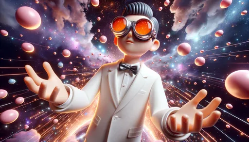 Prompt: A 3D animated character with vibrant orange goggles floating amidst a space background filled with stars and nebulas. The character, dressed in a pristine white outfit, has tiny pink orbs orbiting around him. He confidently sports a bowtie and reaches out with both hands as if embracing the universe.