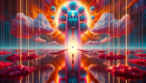 Prompt: The image depicts a surreal scene with a radiant blue-faced figure crowned by three buns, standing against a vibrant backdrop of an orange sky with cascading light beams. Below, a reflective watery surface mirrors the figure, surrounded by floating crimson islands and a solitary silhouette observing the ethereal display. in wide ratio