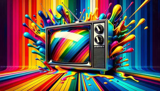Prompt: Close-up digital art of a retro television set, its screen illuminated by radiant rainbow stripes. Vivid paint splatters create a dynamic contrast around the TV, set against a background segmented by intense primary and secondary hues, blending classic pop art aesthetics with contemporary touches including the modern text elements 'VKOO' and 'MINVISIone'.