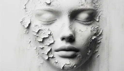 Prompt: Illustrate a broad frame that brings to life a face bathed in pure white, with textures that echo the appearance of aged, crumbling paint. The serene demeanor, emphasized by closed eyes, merges with the peeling textures, suggesting a narrative of fragility and the impermanence of beauty.