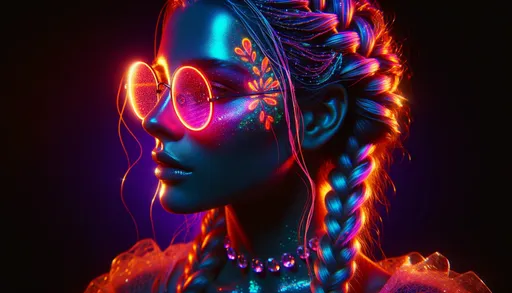 Prompt: A portrait captures a woman, her face bathed in neon luminescence. Her braided hairstyle and round sunglasses are highlighted, with tints of orange, pink, and blue casting radiant reflections. Delicate crystalline embellishments are spotted near her neck, contrasting against a backdrop that fades from deep purple to a mysterious blue.