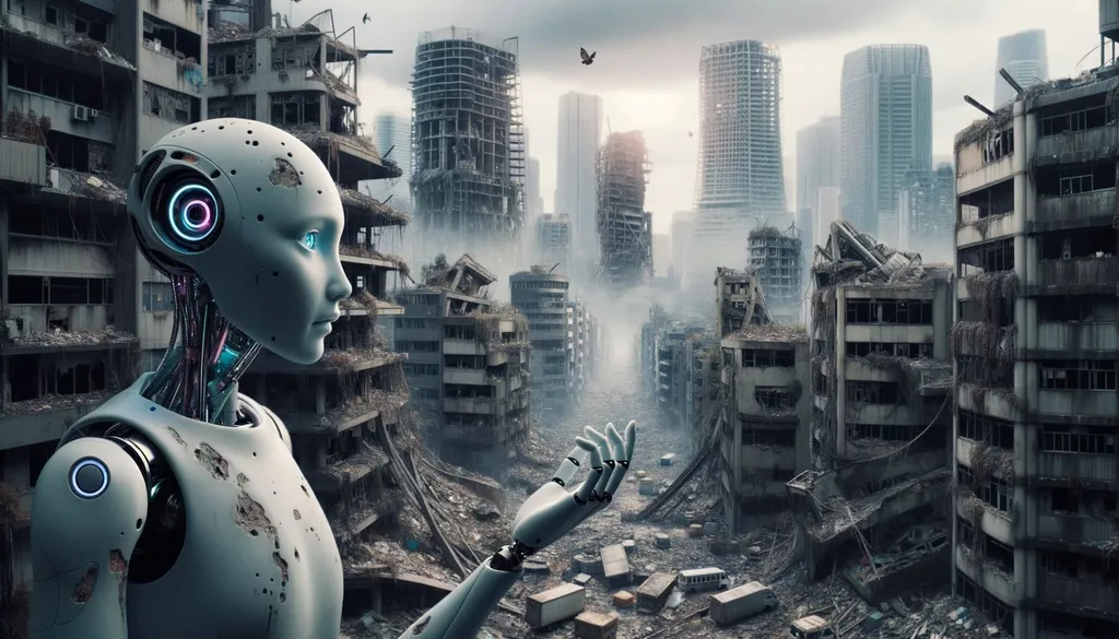 Prompt: Photo of a dilapidated urban landscape symbolizing a world after technological collapse. Amidst the ruins, androids with human-like features express emotions, hinting at deep connections they once shared in their technologically advanced city.