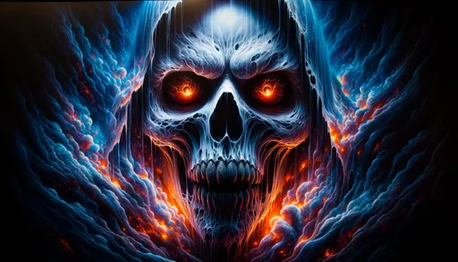 Prompt: In a wide frame, portray a foreboding specter rising from obscurity. Its face, reminiscent of a skull, is brought to life by blazing orange eyes. Swathed in blue-black veils, streaks of bright orange fire surround it, highlighting its eerie and malicious presence.