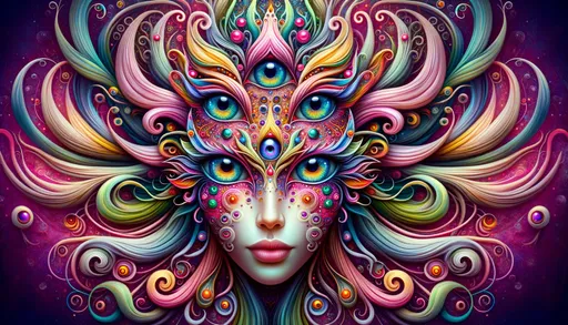 Prompt: This image portrays a fantastical female figure with a vibrant fusion of human and animalistic traits. She has three mesmerizing eyes, two of which are centrally positioned above her human-like eyes. Her face is adorned with intricate patterns and radiant colors, and she is surrounded by swirling elements reminiscent of both flora and fauna.