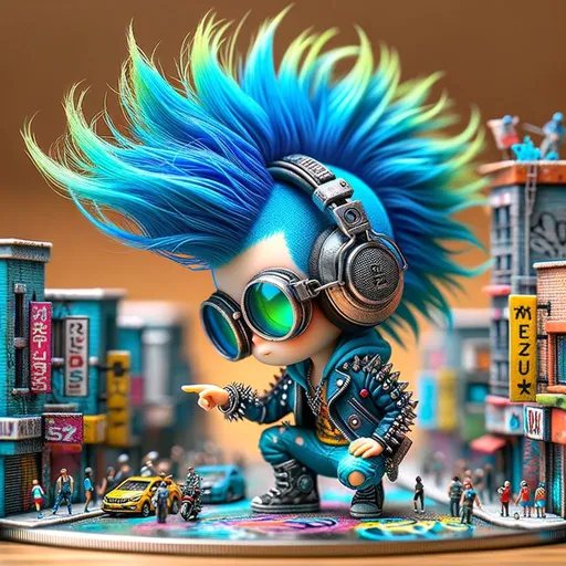 Prompt: Create an artistic macro photo of a chibi-style character with a vivid blue mohawk, oversized goggles, and headphones, focusing on the textures and colors of the punk-inspired attire and a miniaturized urban graffiti scene with artistic interpretations of city buildings and street elements.