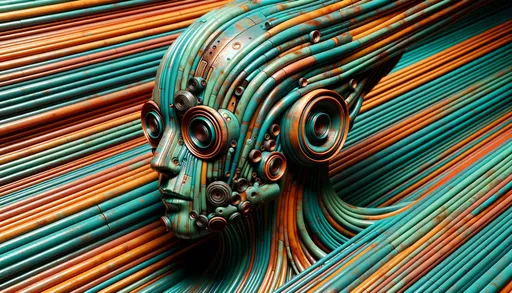 Prompt: Render a wide scene where a technologically advanced head stands out, bathed in shades of teal, orange, and oxidized rust. The head is marked by significant, multi-ring eyes, aged finishes, and extending tubular pieces. The environment offsets this with ephemeral cerulean streaks meandering over a sienna background.