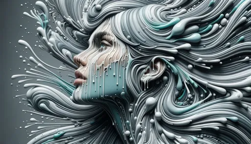 Prompt: photorealistic portraits of women from surreal imagery and 3d renderings, in the style of paint dripping technique, gray and aquamarine, intricate underwater worlds, panfuturism, art nouveau organic flowing lines, fluid geometry, freehand painting