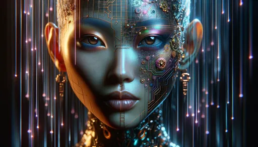 Prompt: Artistic photo render illustrating a close-up of a humanoid figure of Asian descent in a cybernetic ambiance. Her face reveals intricate jewelry designs and advanced electronic interfaces. An intense gaze captures the viewer's attention, while her skin radiates a blend of earthly and neon undertones. Surrounding her, cascading digital rain and shimmering lines enhance the futuristic atmosphere.