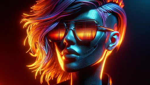 Prompt: Craft a 3D render of a futuristic female face in a cyberpunk style. The face should be illuminated by vibrant neon lights, with sharp contours and high contrast to enhance the three-dimensional effect. The sunglasses should be sleek, with reflective lenses that suggest a high-tech, digital environment. The colors should be rich and saturated, with deep oranges and contrasting blacks to create a dramatic, visually striking effect. The hair should appear to have individual strands, adding to the realistic 3D texture, and the background should be subtly lit to keep the focus on the face. The image should give the impression of a sophisticated, high-resolution 3D model, with a focus on realism and depth.