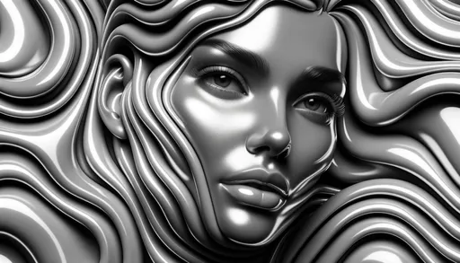 Prompt: Rendered image of a woman with Hispanic descent, her face artistically immersed in undulating, monochrome waves. The glossy, mirror-like textures on her features emphasize her beauty, while her deep-set eyes offer a stark contrast to her glowing skin.