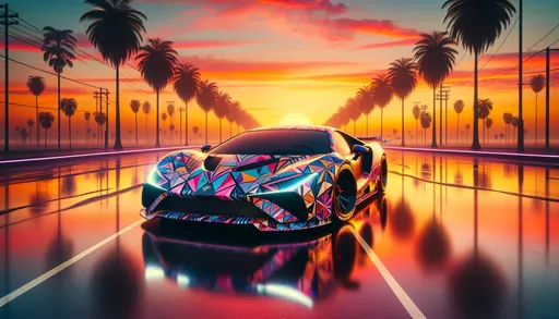 Prompt: Create an image of a sports car with a vibrant, geometric patterned wrap parked on a reflective surface. The background should feature palm trees silhouetted against a radiant sunset sky with orange, pink, and yellow hues. The atmosphere should evoke a retro-futuristic vibe reminiscent of 1980s aesthetics, with exaggerated digital effects to enhance the colors. The setting is a serene boulevard that suggests a quiet evening in a tropical city. The car should be detailed with a sleek design, hinting at high performance and luxury.