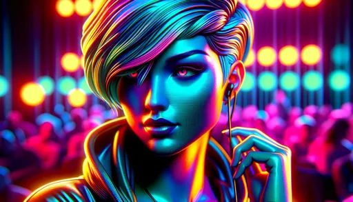 Prompt: Create a macro photography style image of a stylized woman with cyberpunk and poolcore aesthetics. She should be close up with vibrant color gradients and smooth lines that highlight the intricate details and textures, resembling a raw high-resolution photograph. The image should have a wide ratio, showcasing the subject in front of a backdrop of bright lights that complement the bold, pop art-inspired styling.