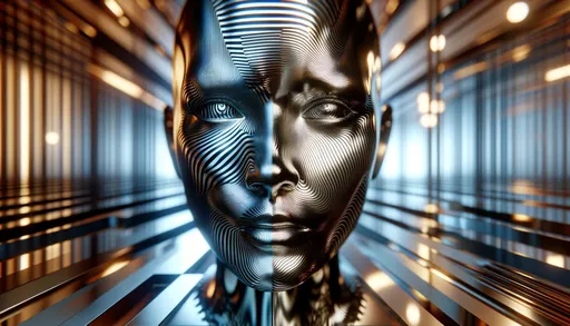 Prompt: Digital art of a face patterned with black and white stripes, where the surface mirrors chrome reflections. The scene is enhanced by quantum wavetracing, offering a unique visual experience. The backdrop blends light bronze and dark blue, alluding to a multimedia installation with strong futurist influences. Certain features stand out with selective focus.