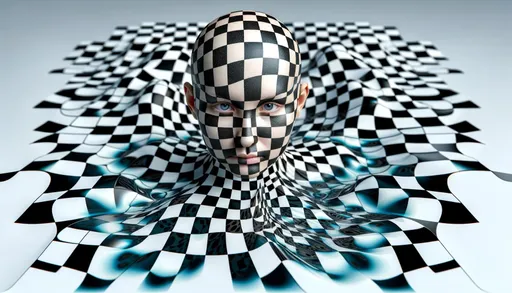 Prompt: An artistic HDR photo of a bald girl who is completely patterned with checkerboard, emerging from a checkerboard-patterned liquid. The wide ratio image should emphasize the artistic and surreal quality of the scene.