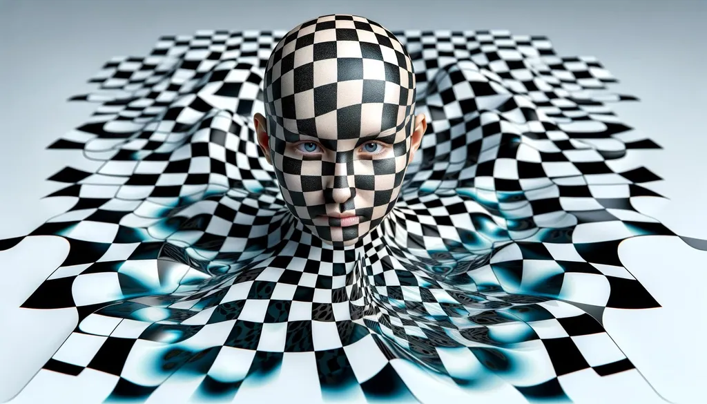 Prompt: An artistic HDR photo of a bald girl who is completely patterned with checkerboard, emerging from a checkerboard-patterned liquid. The wide ratio image should emphasize the artistic and surreal quality of the scene.