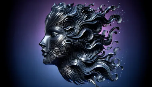 Prompt: Transform the image into a raw photograph of a three-dimensional sculpture that fills the entire frame without borders. The sculpture captures the artistic style of a face with sharp contrasts and fluid, wavy lines. The background is a seamless gradient from deep violet to midnight blue. The sculpture's surface has a metallic sheen, reflecting like polished metal with small, luminescent particles sprinkled throughout, adding a magical or cosmic feel. The waves are intricately detailed with translucent layers that give depth, while the overall high-contrast black and white color scheme is preserved.