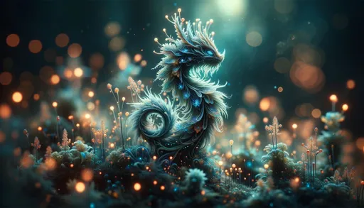 Prompt: The image is a macro photo capturing a small yet intricate part of a mythical creature that represents a fusion of forest and sky elements. The creature is set against a backdrop of a dreamlike realm, filled with bioluminescent flora and shimmering celestial features. The focus is on the fine details, revealing a rich texture and a symphony of colors, while the background remains softly blurred, adding depth to the image.