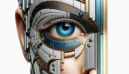Prompt: 3D render of a woman's face, with a pronounced focus on her eye. The eye is bordered by metal strips in gold and azure shades. The overall design showcases mechanized precision, detailed facial elements, and is influenced by a cubist fragmentation style.