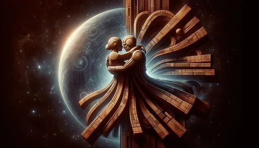 Prompt: scifi fusion concepts, couple hugging in space 3d illustration photo, light bronze and brown, emek golan, wood sculptor, symmetrical harmony, stripes and shapes, in wide ratio
