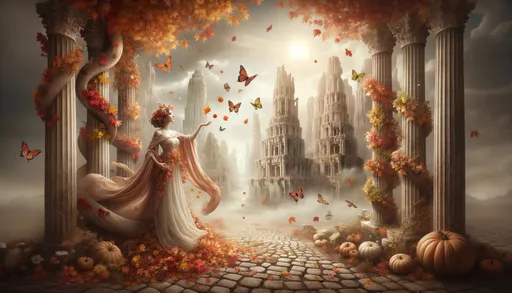 Prompt: In a realm where seasons come alive, capture a moment with the Autumn Queen as she ushers in a cascade of leaves and butterflies against the backdrop of ancient forgotten cities.