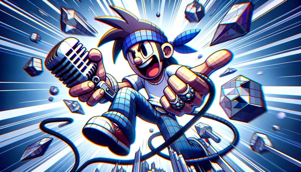 Prompt: Digital scene showcasing a cartoon man with a bandana, animatedly holding a microphone. The design pays homage to PS1 graphics, with a distinctively skewed perspective. Blurred components and crystalcore-inspired visuals merge seamlessly, presenting a cohesive yet singular appearance.