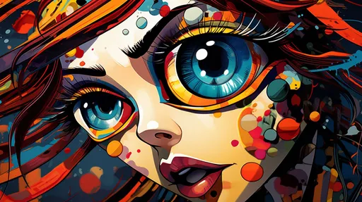 Prompt: A macro photography style image of a caricature-like cartoon girl with large, expressive eyes featuring various colors. The style should mimic psychedelic rock, with vibrant, colorful details, resembling a close-up macro photograph. The image echoes the artistic influence of Thomas Nast and iconic album covers, in a wide ratio format, with emphasis on detailed textures and photographic realism.