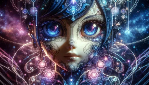 Prompt: Macro photo revealing the delicate balance between organic and mechanical in an anime-inspired android robot girl's face, her eyes resembling deep blue nebulas, surrounded by intricate designs reflecting neon art nouveau and algorithmic artistry against a cosmic background in wide ratio