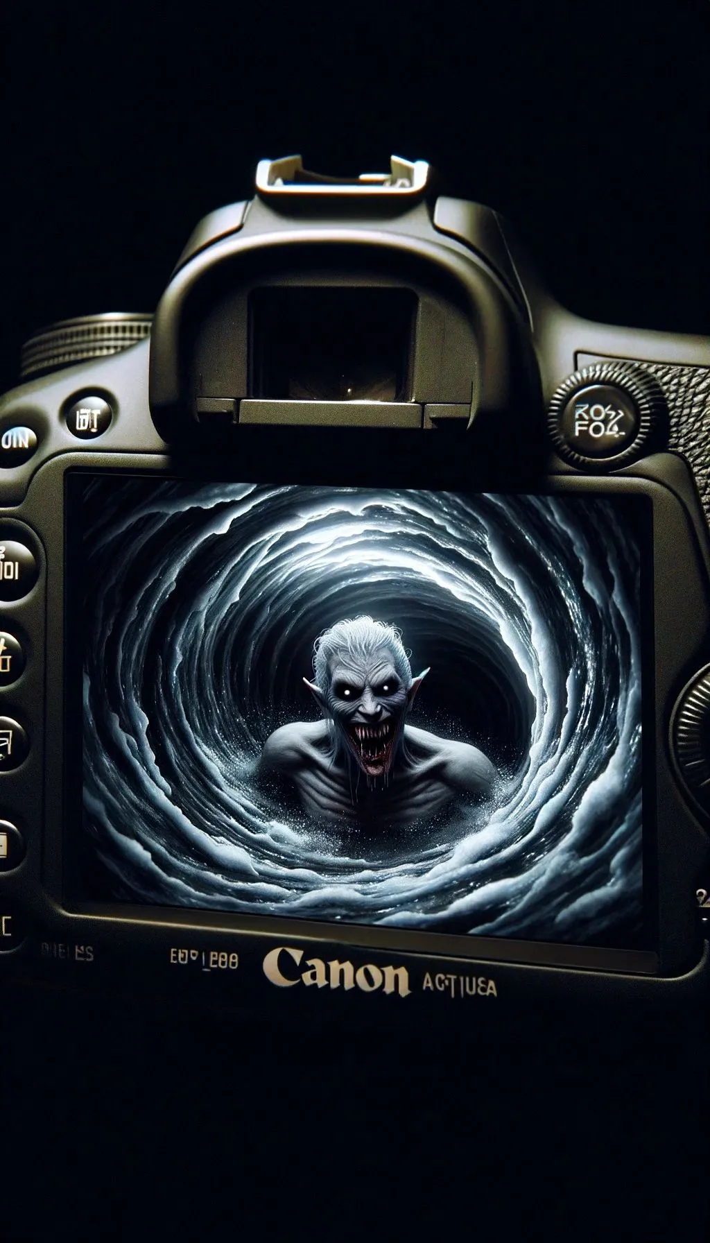 Prompt: A scene resembling a raw, unedited photograph of a vampire emerging from an evil whirlpool. The image should look like it was captured with a camera, featuring natural lighting and realistic details. The whirlpool appears dark and ominous, swirling around the vampire who has pale skin, sharp fangs, and a sinister expression. The environment is dimly lit, creating a mysterious and foreboding atmosphere. The image should have the authenticity and imperfections typical of a raw photograph, such as natural grain, realistic shadows, and lifelike textures.