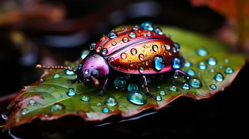 Prompt: Macro photo of a rainbow tinted metallic caterpillar on a morning dew leaf in wide ratio