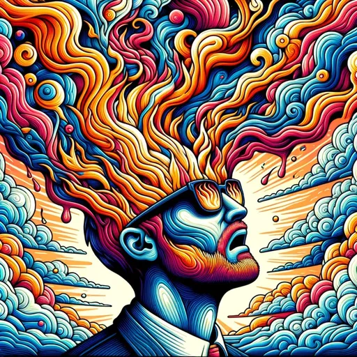 Prompt: man with fire swirling from his head, in the style of colorful cartoon, detailed skies, crisp neo-pop illustrations, honeycore, trapped emotions depicted, vibrant color fields, poured in square ratio