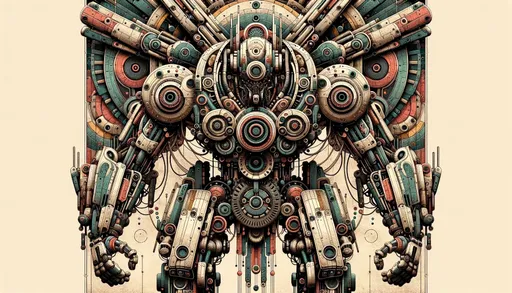 Prompt: Illustrate a broad frame that brings to life a mechanical entity reminiscent of antique times, yet infused with hints of modernity. The robot should showcase a fusion of timeworn textures and futuristic finishes. The backdrop should play with opposing color palettes, emphasizing the balance between old and new.